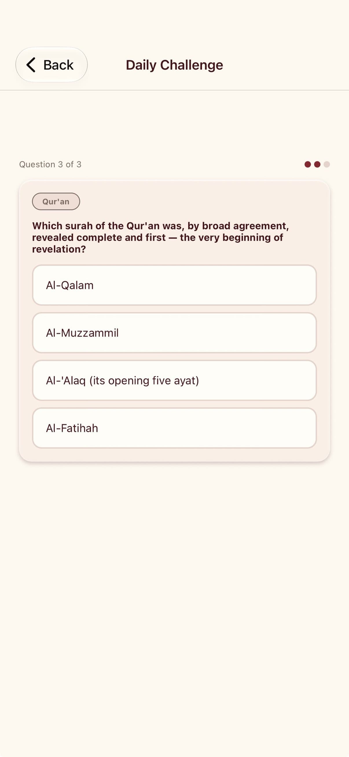 Daily Challenge question about the first revelation, with four answers