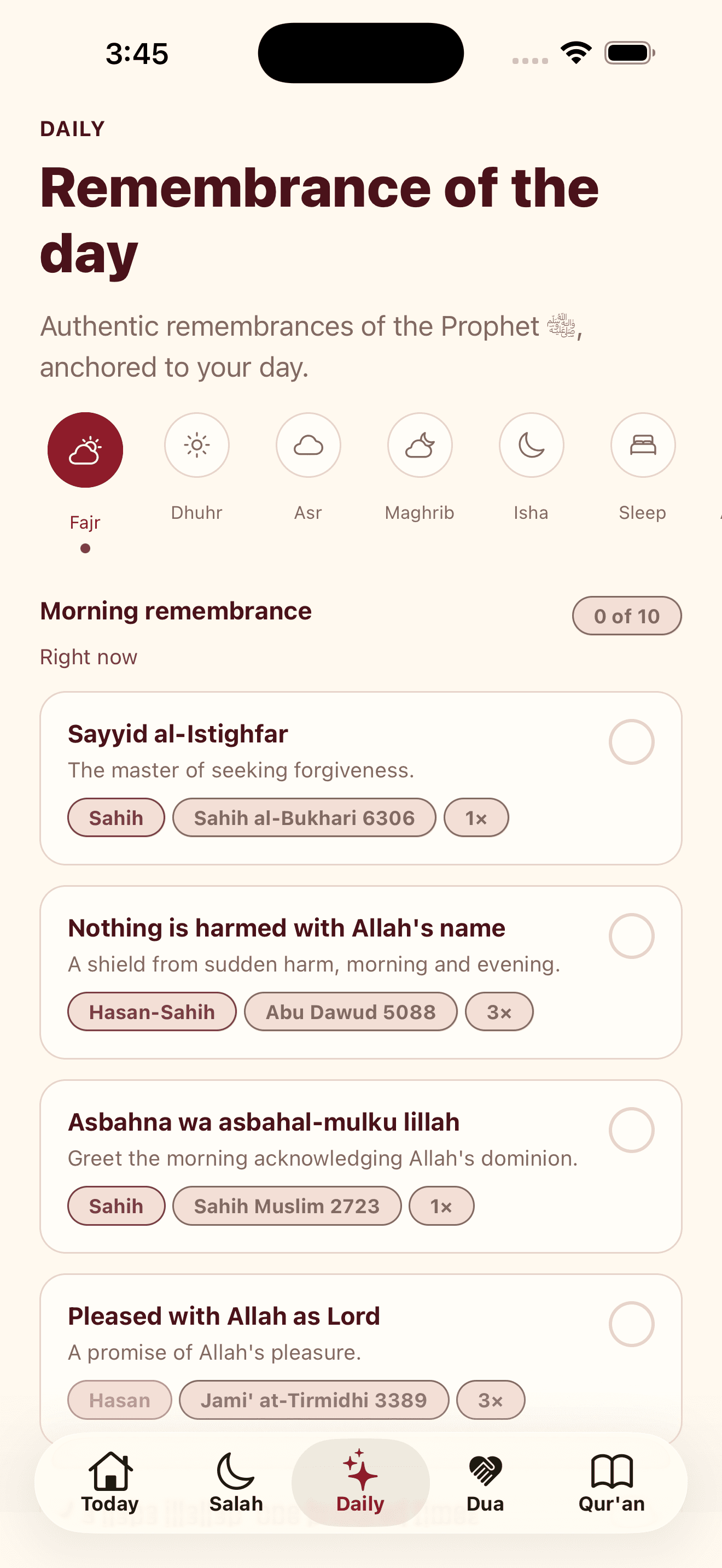 Daily dhikr organised by prayer window