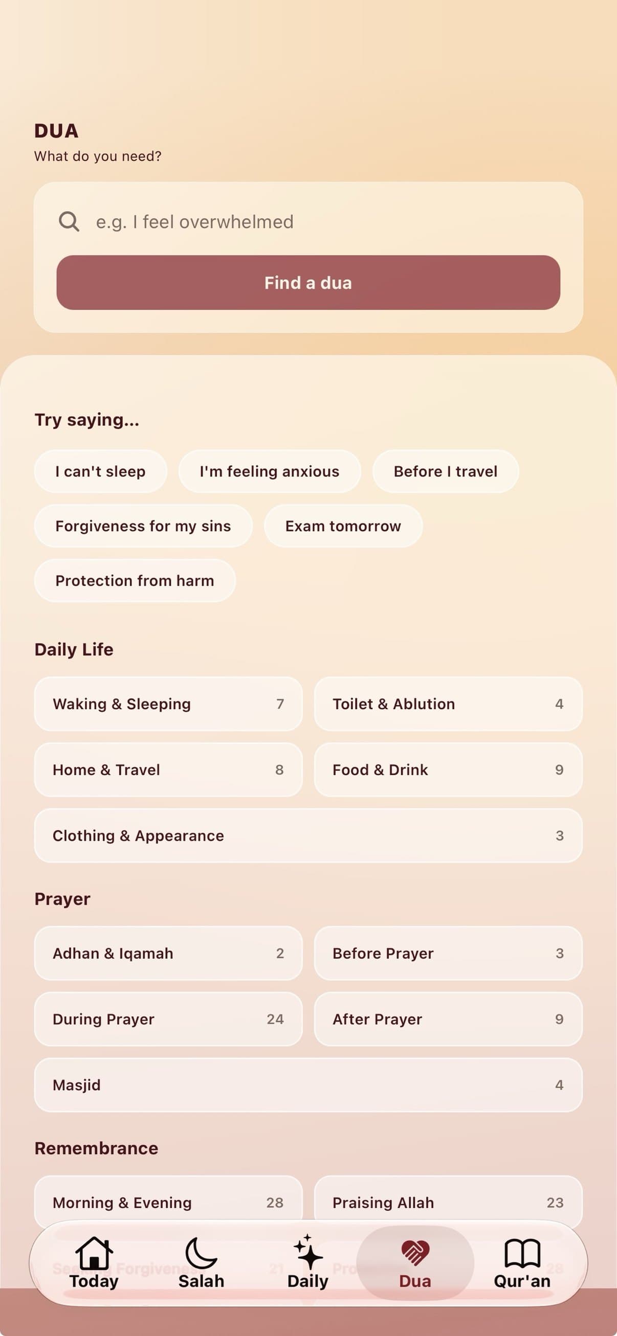 Dua screen with a search box, suggested phrases and categories of supplications
