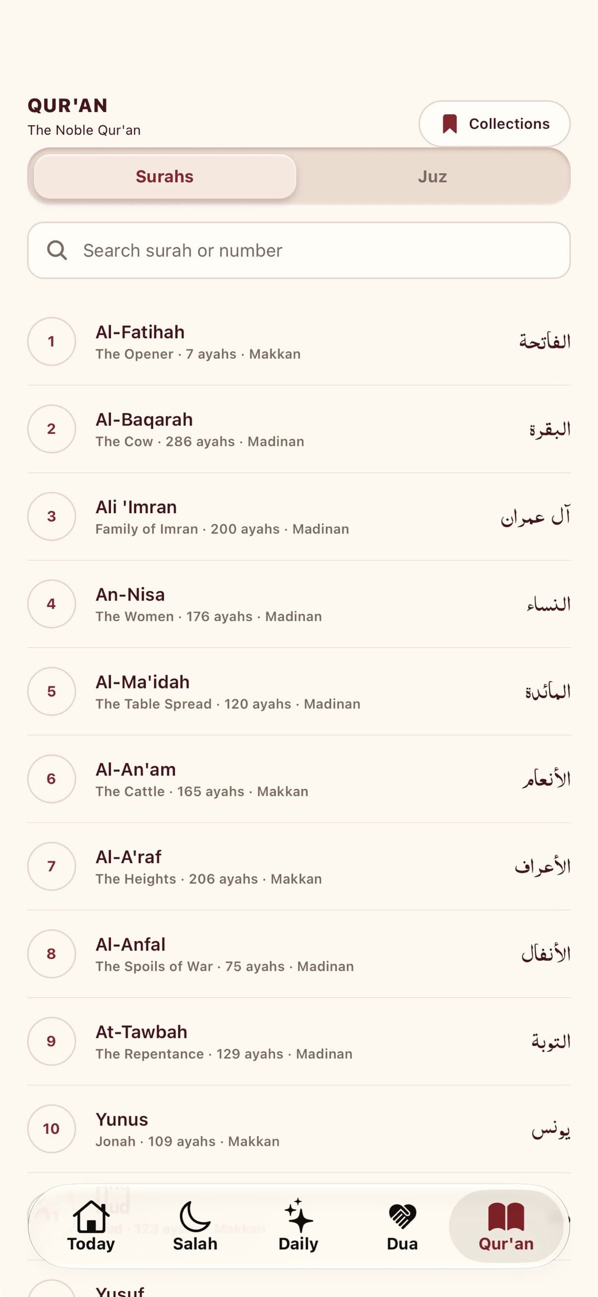 Qur'an surah list with English and Arabic names