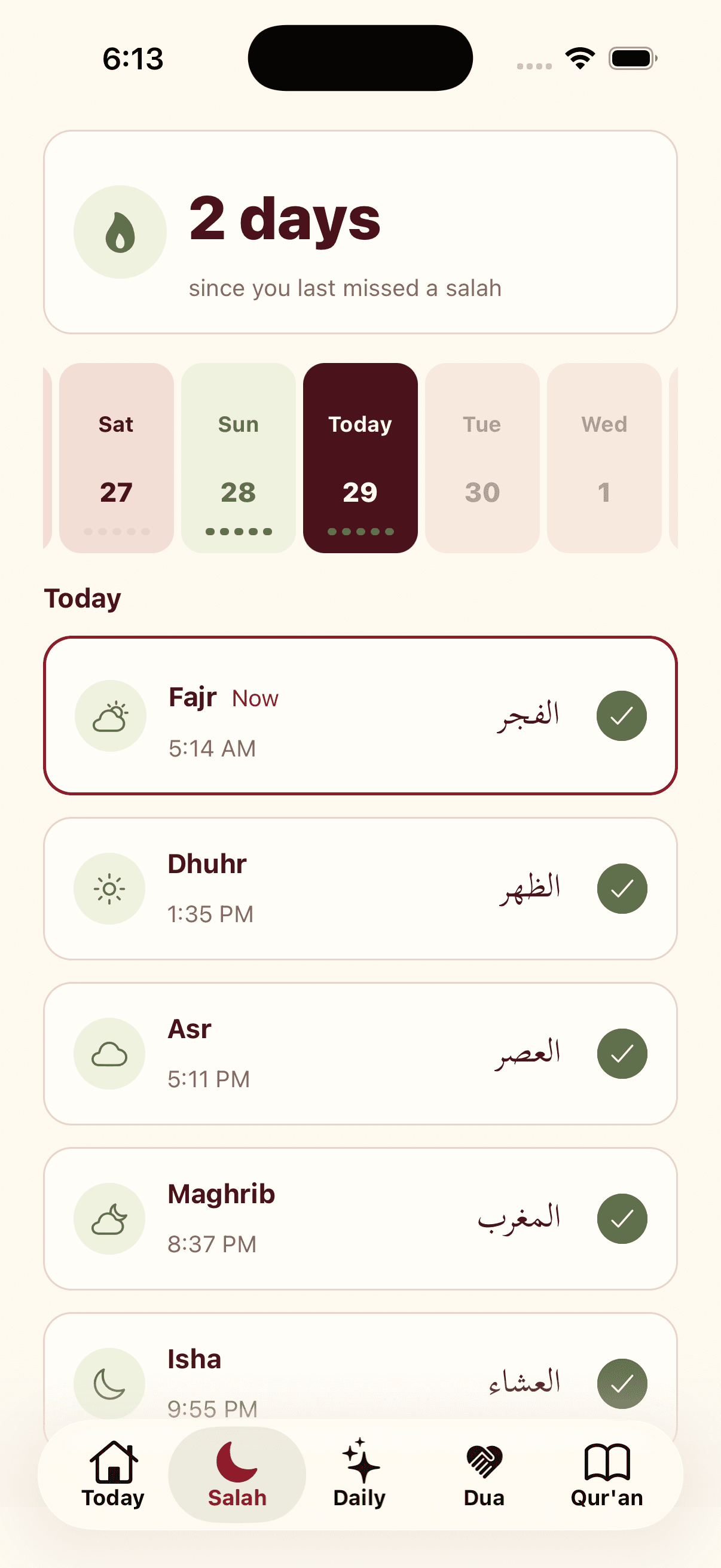 Salah tracker with weekly streak
